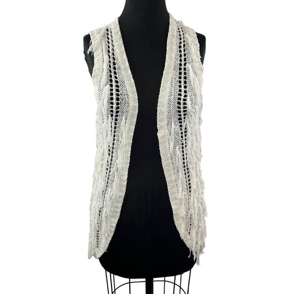 Vintage CACHE White Ribbon Open Knit Fringe Sleeveless Cardigan Open Vest XS - Picture 1 of 8